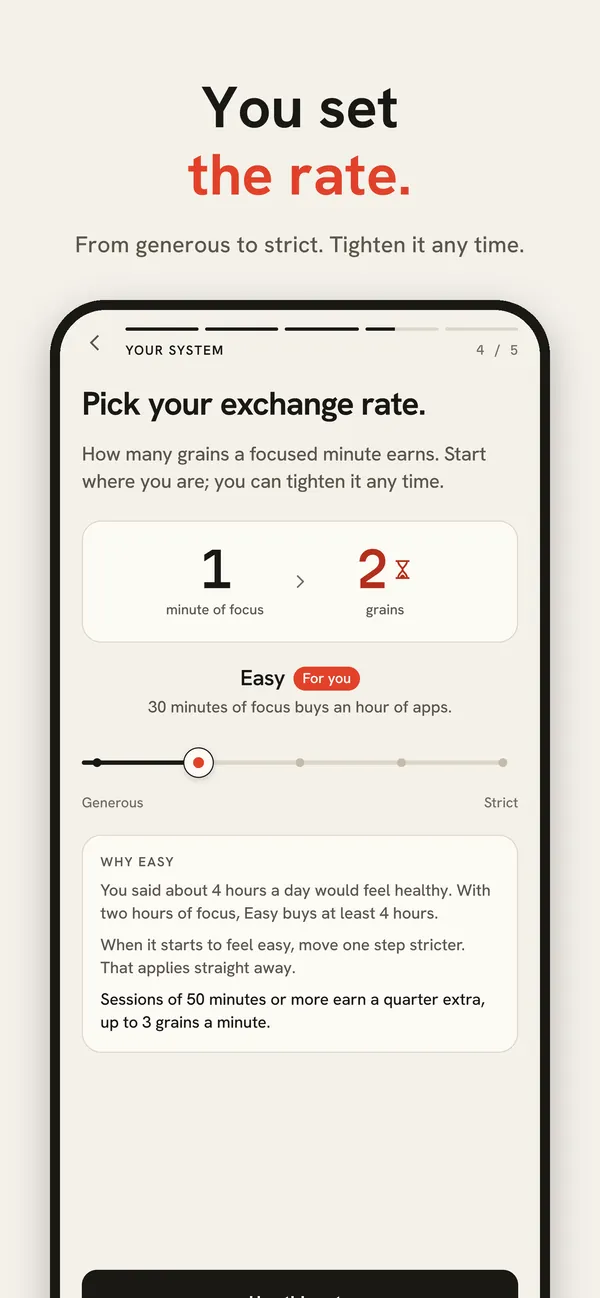Screenwage exchange rate picker: 1 minute of focus earns 2 grains at the Easy rate