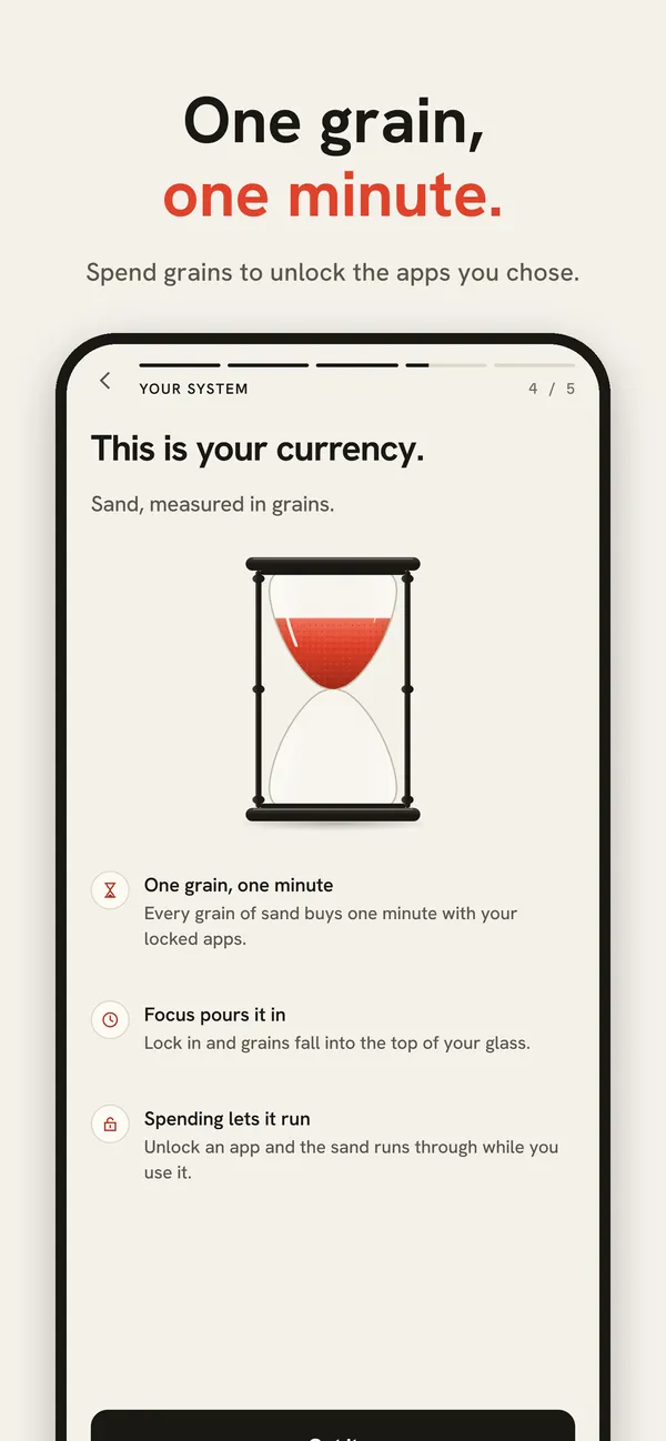 Screenwage explains grains: one grain of sand buys one minute with your locked apps