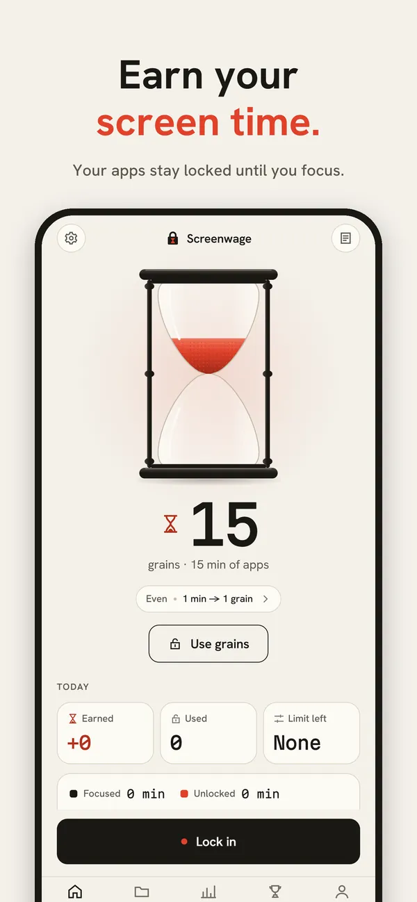 Screenwage home screen: an hourglass holding 15 grains, worth 15 minutes of apps