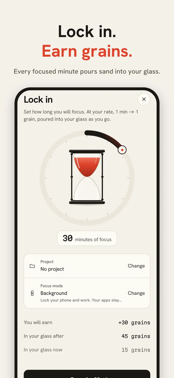 Screenwage Lock in screen: a 30-minute focus session that will earn 30 grains